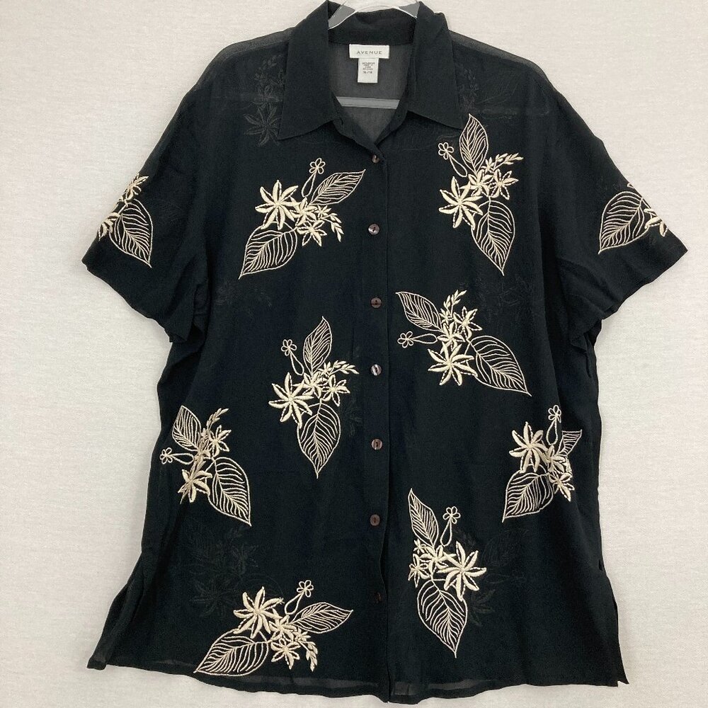 Vintage Avenue Black Tan Floral Embroidered Sheer Chiffon Button Down size 14/16